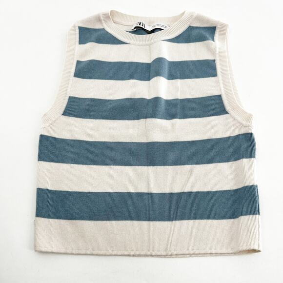 Zara Cream And Green Striped Cropped Tank M - Picture 2 of 5